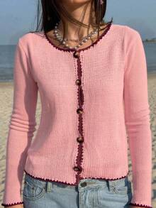 Women's Contrast Trim Round-Neck Long-Sleeved Button-Up Cardigan, Popular In Autumn And Winter, Casual Streetwear, Fall, Out-Going, Christmas, Thanksgiving