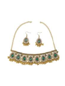 Vintage Exotic Bohemian Palace Style Rhinestone Tassel Pendant Earrings Set, Luxurious Fashion High-End Bridal Wedding Party Necklace Earrings 3-Piece Set - Ancient Gold 8-piece Water Drop Set - View 9