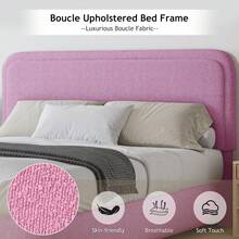 Twin/ Full/ Queen/ King Size Bed Frame, Boucle Upholstered Platform Bed With Headboard, Modern Style, Soft Rounded Corners, No Box Spring Required, Easy Assembly, Twin/ Full/ Queen/ King/ California King, Beige/ Grey/ Pink/ White/ Light Grey/ Black/ Green - 玫紅色 - 查看 2