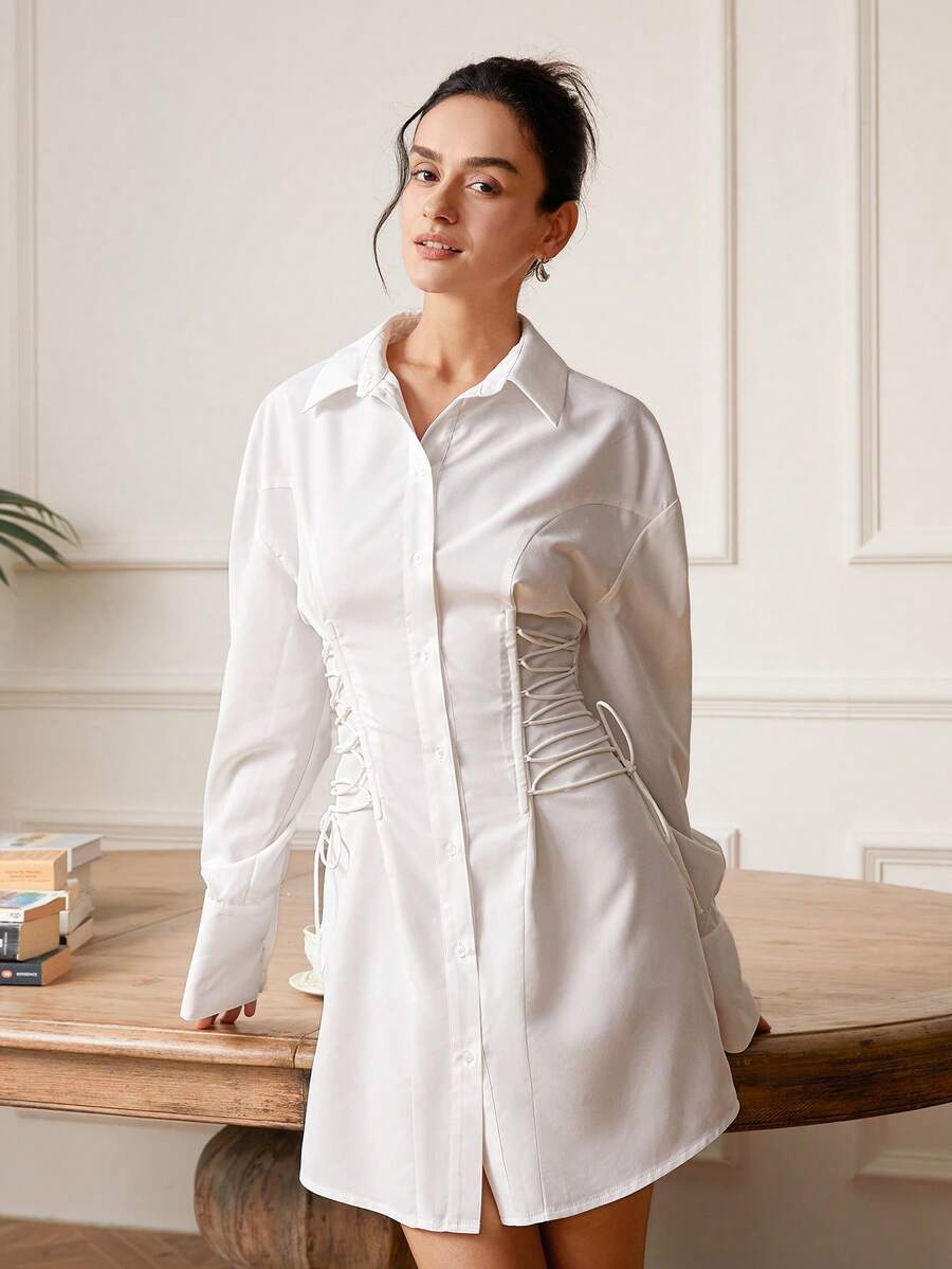 Women's Solid Color Turndown Collar Button Front Dress - White - View 1