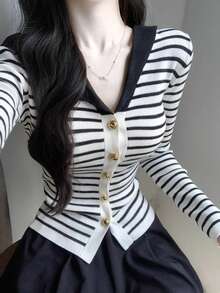 女士法式条纹长袖针织开衫，修身秋季毛衣上衣 白色 - 白色 - 查看 2