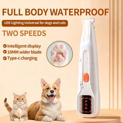 1pc Smart Pet Grooming Clipper, Professional Cat & Dog Grooming Tool, Waterproof Design, LED Lighting, Wide Blade, Smart Display, Travel Lock, Noise Reduction, Type-C Charging, Ceramic Round Head To Avoid Scratching, Suitable For Home Use