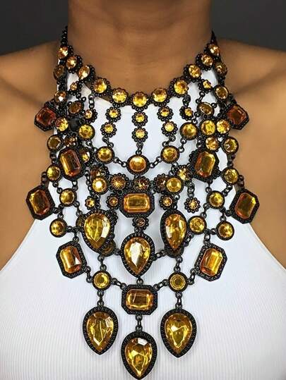 1pc Vintage Gothic Style Crystal Pendant Necklace, Orange Crystal Pendant With Black Chain Gothic Necklace, Suitable As Party Holiday Gift Accessory