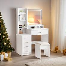 Makeup Vanity, Vanity Desk With Mirror And Lights, Makeup Vanity Set 5 Drawers, Stool And Open Shelves,Vanity Mirror 3 Color Lighting Modes Adjustable, White - Xem 6