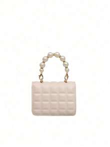 1个A-Z字母DIY包，时尚PU磁扣，精致迷你凹槽网格，百搭珍珠手提包，链条单肩斜挎包，适合日常使用，是送给亲朋好友的完美礼物（珍珠表面可能存在划痕和凹凸，无法避免）（字母贴纸需自行粘贴，随包附赠） - 米色+白字母 - 查看 5