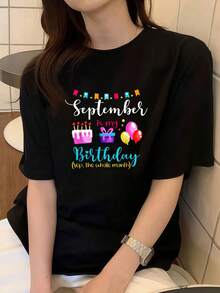 Camisetas Genérico Septiembre mi cumpleaños. Durante todo el mes. Camiseta de niña de cumpleaños de septiembre Camiseta de manga corta de algodón de 220 g, impresión por una cara - Negro - Ver 1