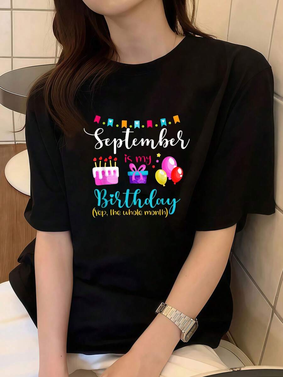 Camisetas Genérico Septiembre mi cumpleaños. Durante todo el mes. Camiseta de niña de cumpleaños de septiembre Camiseta de manga corta de algodón de 220 g, impresión por una cara - Negro - Ver 1