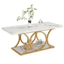 LITTLE TREE Modern Rectangle Coffee Table With Faux Marble Top, 2-Tier Storage Shelf & Geometric Gold Legs, 47 Inch Living Room Centre Table, Rustic Brown Wood Finish, Easy Assembly​ - White - View 8