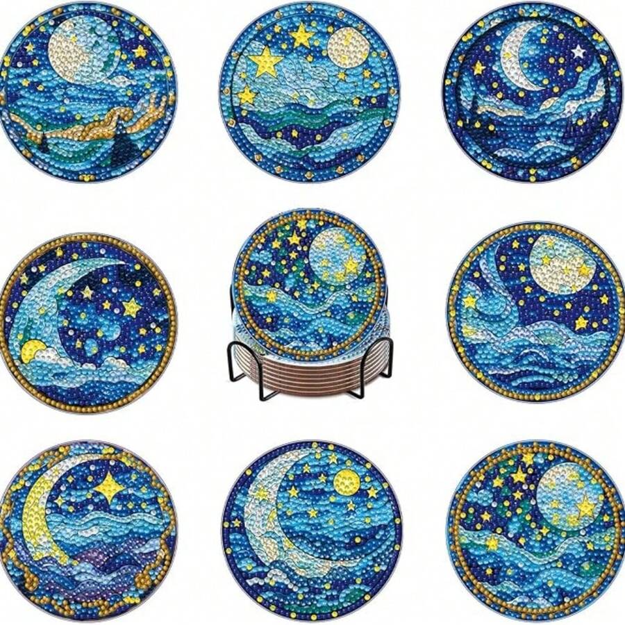 8件套石画杯垫带支架，DIY星空图案钻石画杯垫，适合成人和初学者，钻石画套装，钻石画工艺用品，精美礼品，送给朋友