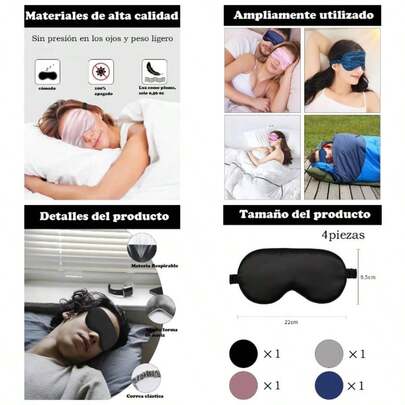 Antifaz Dormir Cubre Ojos Para Dormir, Antifaz Para Dormir, Pack De 4 Mascarillas De Seda Imitacin, Tamao 22 X 9.5, Para Dormir, Viajes, Siestas