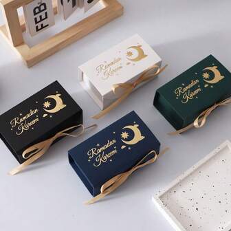10 Pcs Ramadan Kareem Gold Moon-Star Themed Multi-Color Rectangular Favor Boxes Adorned With Gold Satin Bows – Great For Packing Handmade Sweets, Premium Dates & Small Festive Gifts, Perfect For Ramadan Home Visits, Iftar Party Favors & Neighborly Gifting