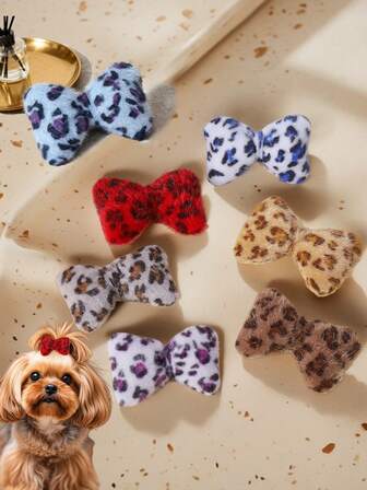 5件套豹纹蝴蝶结宠物发夹，可爱豹纹毛绒蝴蝶结狗狗发夹，猫咪发夹，宠物服饰配件，适合作为节日礼物