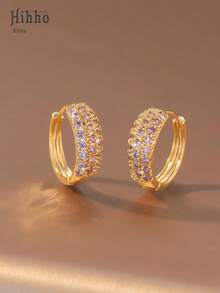 Hihho 2pcs Classic Triple Cubic Zirconia Hoop Earrings, Glamorous Golden Earrings, Simple Fashionable Earrings For Women, Suitable For Party And Daily Wear - Yellow Gold - View 3