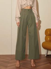 Women's Elegant Solid Color Waist Cinched Straight Leg Dress Pants - Army Green - View 1