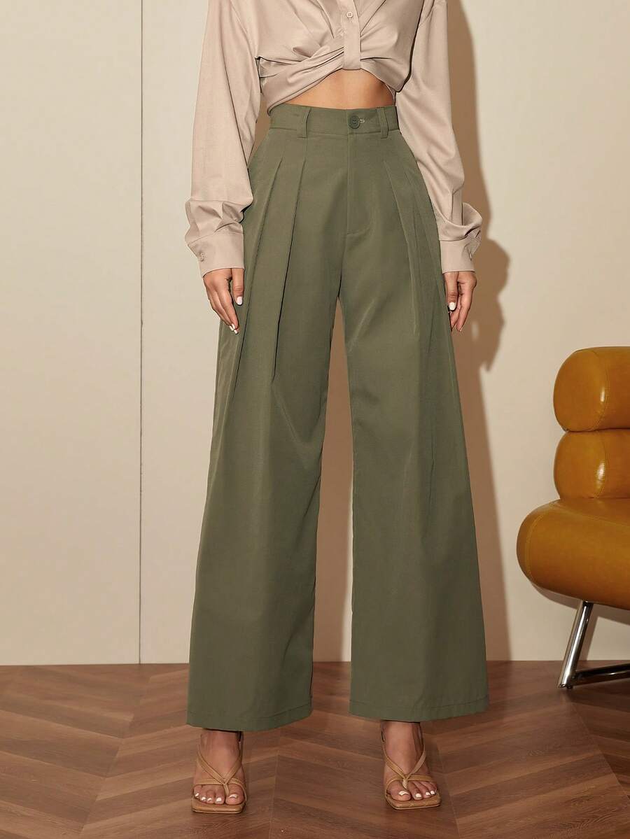 Women's Elegant Solid Color Waist Cinched Straight Leg Dress Pants - Army Green - View 1