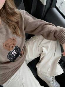 女士休闲复古小熊图案毛衣，舒适套头衫，适合情人节约会、秋冬上衣、Y2K风格、沙特国庆节等场合 - 卡其色 - 查看 2
