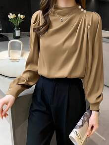 女士休闲通勤衬衫，立领，褶皱设计，公主袖，适合春秋季节