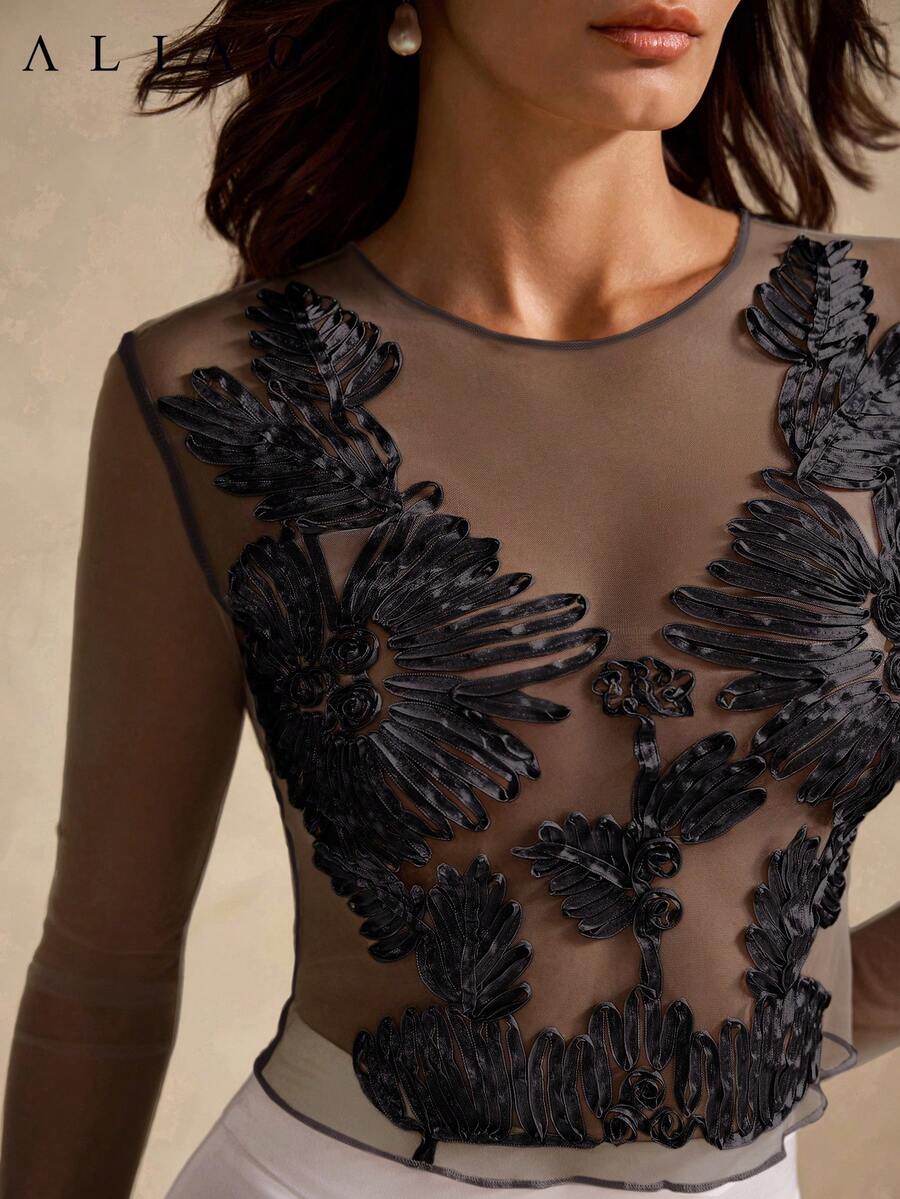 Blusa elegante y sexy de manga larga con bordado de malla de ganchillo floral 3D, top sexy para mujer, ropa de verano, digna y apropiada, adecuada para la temporada de bodas, el Día de San Valentín, fiestas blancas, estilo retro, estilo palaciego, artículo llamativo, elegante para uso diario en primavera, negro - Negro - Ver 1