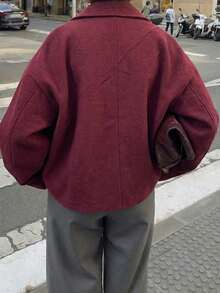 女士时尚休闲法式设计单排扣短款宽领羊毛大衣 - 酒紅色 - 查看 6