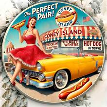 1pc 8x8 Inch Vintage Coney Island Hot Dog Poster Sign - Retro Beach, Bar Or Home Decor In Wood Material And Vibrant Colors - Perfect For Adding A Nostalgic Touch To Any Room, Pre-Drilled Holes As Shown In Size Chart