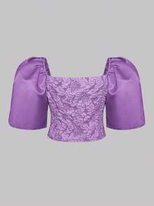 Women's Modern Elegant Filipiniana Attire, Casual Puff Sleeve Top - Purple - View 2