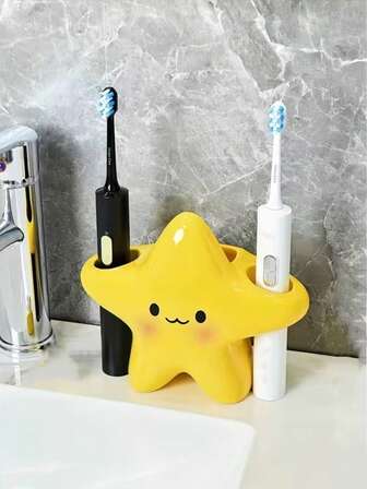 1 pieza Soporte para cepillo de dientes con forma de estrella adorable de plástico - Organizador de baño independiente, con diseño de cara adorable, estructura de plástico resistente, organizador de espacio para cepillo de dientes y pasta de dientes