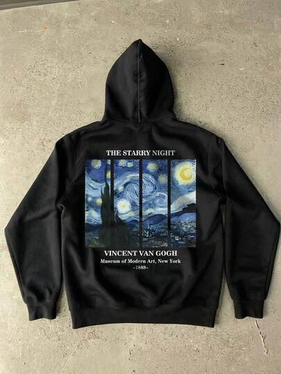 男士黑色时尚字母及梵高星空图案套头连帽卫衣，休闲日常穿着，秋季长袖上衣