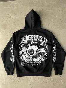 Men's Oversized Hoodie With American Letter, Eye, And Star Graphic Print, Loose Fit, Suitable For Casual, Streetwear In Autumn/Winter - Black - View 1