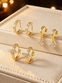 1 Pair Elegant Copper 18K Gold Plated Artificial Zirconia Four-Leaf Clover Hoop Earrings, Suitable For Women's Daily Wear, Gift For Friends On Holidays And Birthdays - Yellow Gold - View 1