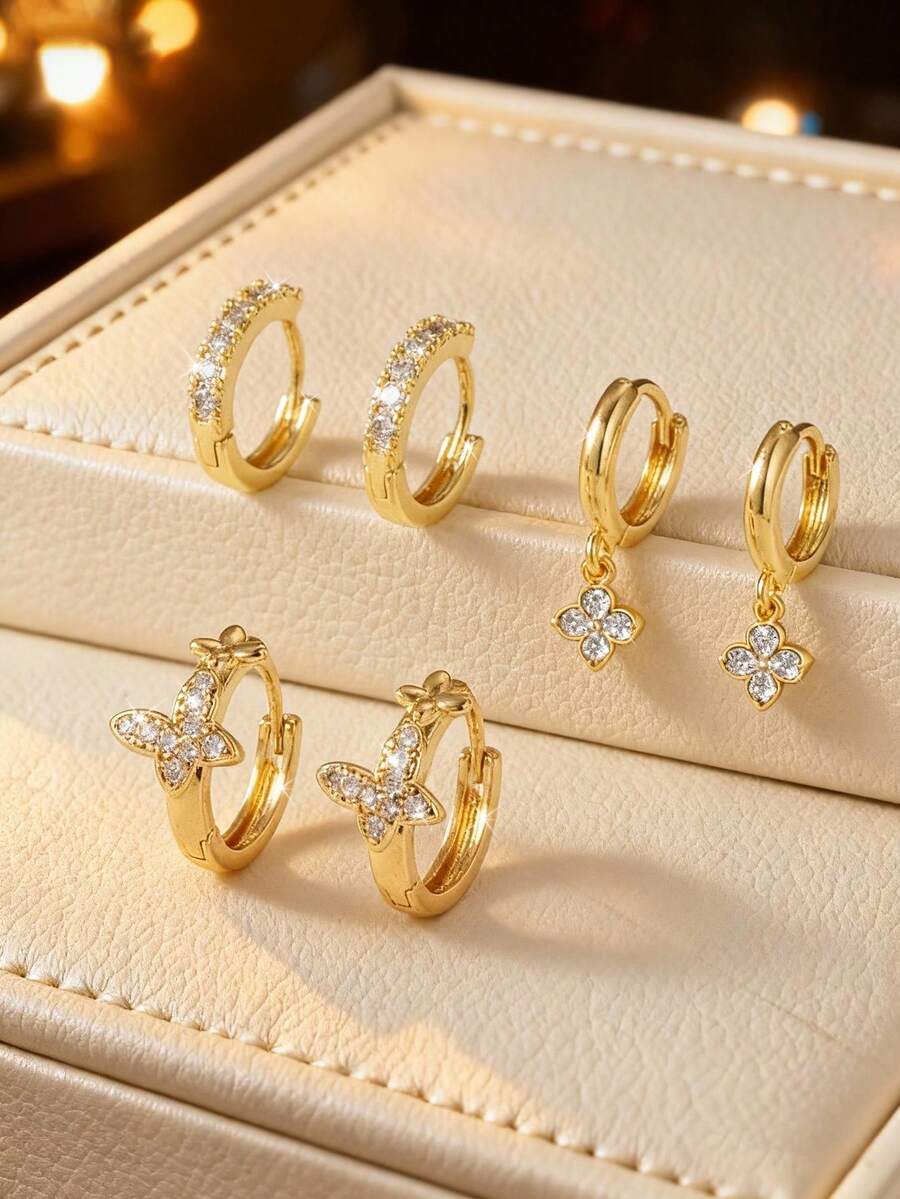 1 Pair Elegant Copper 18K Gold Plated Artificial Zirconia Four-Leaf Clover Hoop Earrings, Suitable For Women's Daily Wear, Gift For Friends On Holidays And Birthdays - Yellow Gold - View 1