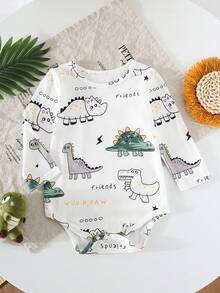 Newborn Baby Long Sleeve Dinosaur Bodysuit - Cute Cartoon Dinosaur Friend Infant Baby Bodysuit - White - View 1