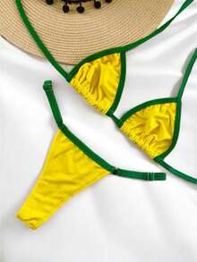 Summer Fashion String Bikini – No Padding, Adjustable Bottom With Regulator - 黃綠相間的絲帶 - 查看 6