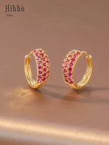Hihho 2pcs Classic Triple Cubic Zirconia Hoop Earrings, Glamorous Golden Earrings, Simple Fashionable Earrings For Women, Suitable For Party And Daily Wear - Yellow Gold - View 12