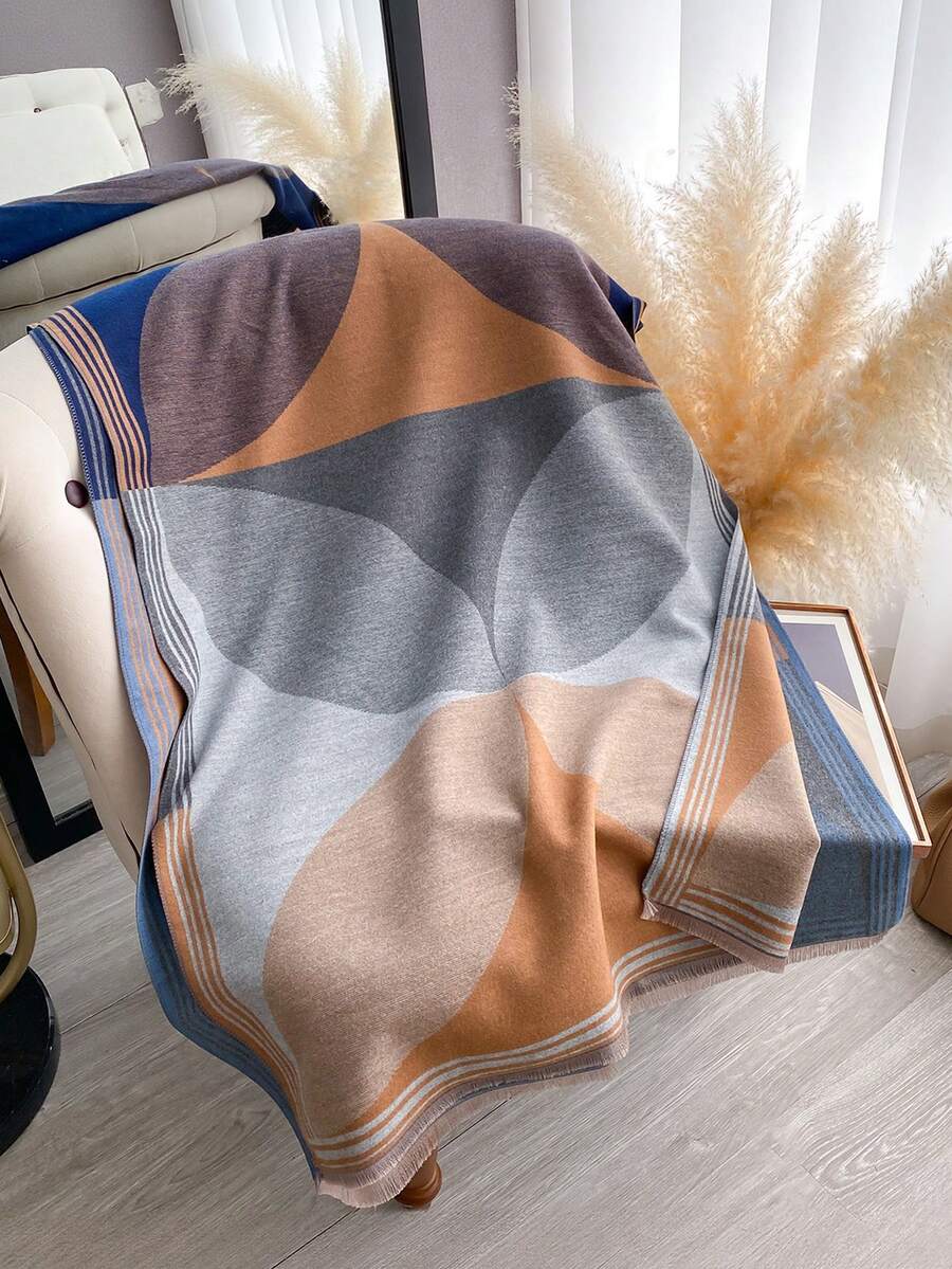 1条女士双面仿羊绒撞色图案围巾，时尚百搭，可作毯子披肩，加厚保暖，适合空调房日常使用，秋冬季 - 彩色 - 查看 1