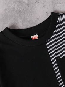 Boys' Spring/Autumn Fashionable Black & White Striped Patchwork Crew Neck Long Sleeve Sweatshirt, Boys' All-Match Versatile Casual Sportswear, Suitable As A Gift - Black - View 3