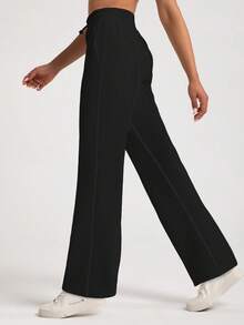 女士保暖加厚阔腿运动裤，高腰宽松直筒设计，带口袋，适合秋冬季穿着 - 黑色 - 查看 2