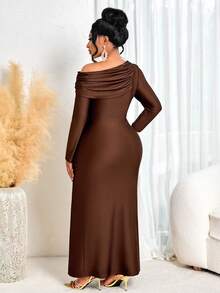 BIUBIU Autumn & Winter Plus Size Women's Asymmetric Shoulder Long-Sleeve Mermaid Maxi Dress, Sexy Party Casual Vacation Style Brown Shiny Fabric One-Shoulder Gathered Off-Shoulder Collar Front Slit Ruffle Knit Long Skirt, Christmas Outfit Women/Party Dress/New Year Women's Outfit