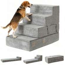 AS3 en 1 Escalera para Perro Componible Rampa para Perro de 4 Peldaños de Memory Foam Base Antiderrapante 44.4cm de Altura Facil de Lavar con Cremalleras para Perros y Gatos - gris - Ver 1