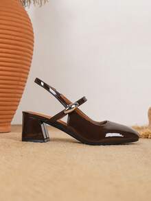 Women's Simple Buckle Accent Chunky Heel Office/School Casual Pumps - Brown - View 5