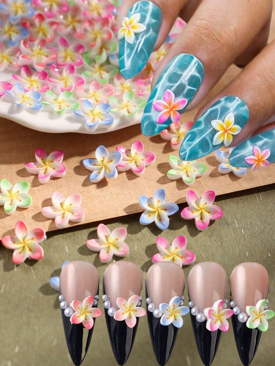 浮雕鸡蛋花美甲装饰品，可爱盛开的树脂扁平蓝花楹花美甲宝石，夏季假日美甲装饰美甲用品 - 彩色 - 查看 1