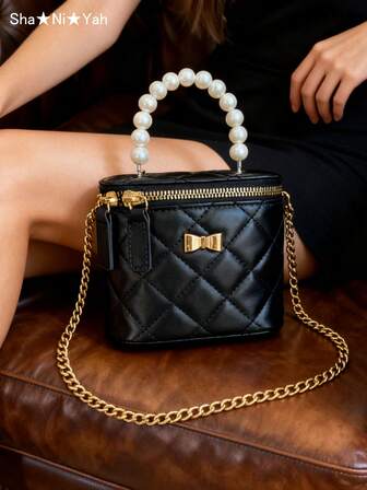 Fashionable Rhombus Pattern Mini Makeup Bag, Bucket Bag With Pearl Strap, Commuting & Shopping Handbag For Women