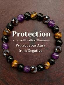 1pc Natural Tigereye & Amethyst Bead Stretch Bracelet, Energy Balancing Crystal Jewelry Gift For Men & Women