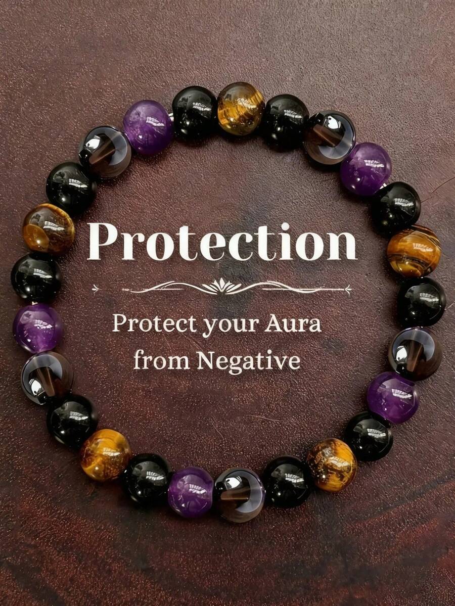 1pc Natural Tigereye & Amethyst Bead Stretch Bracelet, Energy Balancing Crystal Jewelry Gift For Men & Women