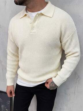 كنزة صوفية كاجوال للرجال للخريف والشتاء مع تصميم أزرار نصف مفتوحة للراحة والبساطة اليومية، مناسبة للارتداء المنزلي