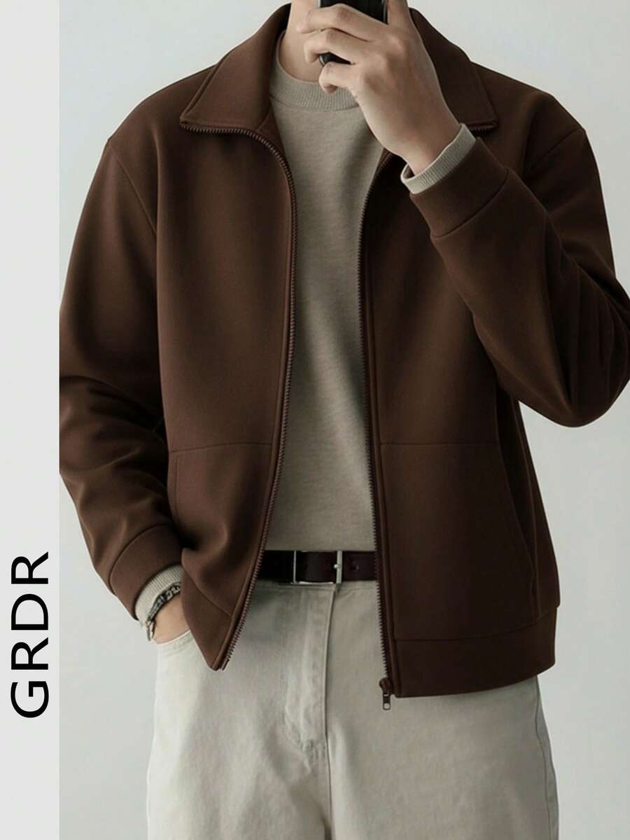 GRDR 男士时尚拉链卫衣外套,舒适保暖,适合秋冬季节,百搭街头服饰 - 咖啡棕 - 查看 1