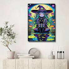 1套5D DIY钻石画套装 - 月光下的女巫与黑猫，彩色长毛荷塘全钻钻石画，手工DIY钻石刺绣，圣诞装饰品 - 彩色 - 查看 3