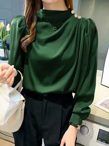 Women's Casual Commuter Shirt With Stand Collar, Pleated Design, And Princess Sleeves, Suitable For Spring And Autumn - Dark Green - View 3