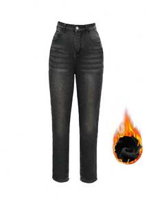 女士保暖内衬修身水洗牛仔裤，适合冬季休闲穿着 - 深灰色 - 查看 9