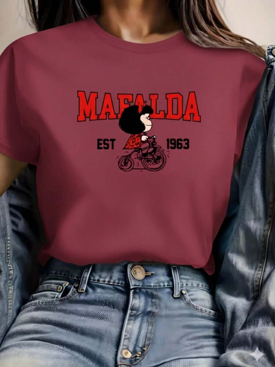 Stylish Women's Printed Mafalda T-Shirt - New Release - 100% Cotton T-Shirt - Loose Oversized Plus Size T-Shirt - Asphalt Vibe - 酒紅色 - 查看 1