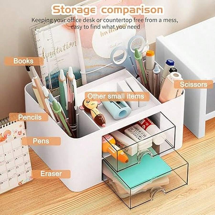 Desk Pen Holder, 2-Drawer Office Desk Organizer Box, 5-Compartment Desktop Storage Pouch For Stationery, Suitable For Office, School, And Home, Cute Pencil Cup (White) - 白色 - 查看 1